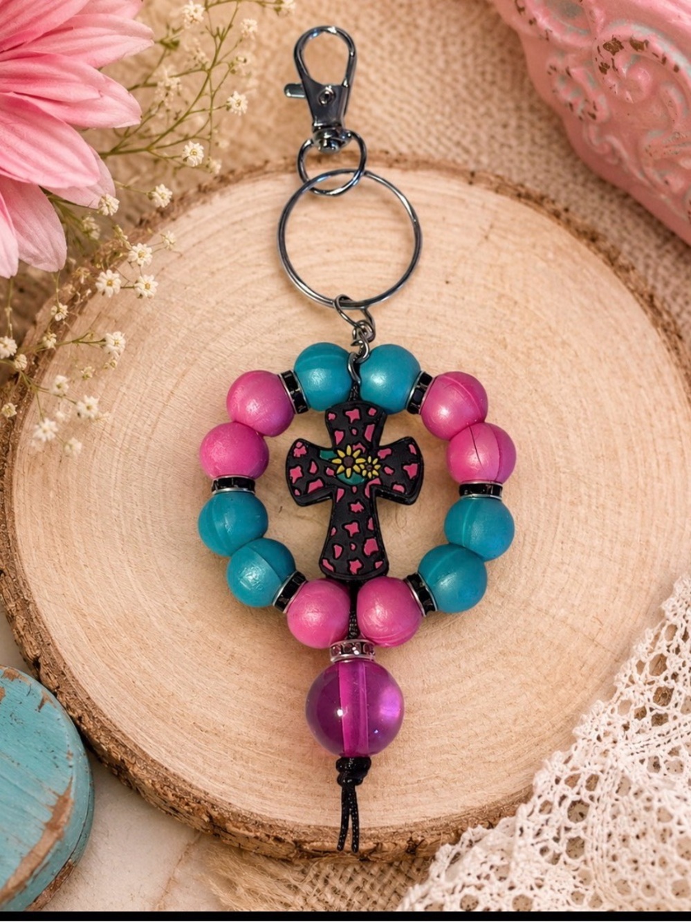 Handmade Beaded Pink & Teal Cross Keychain